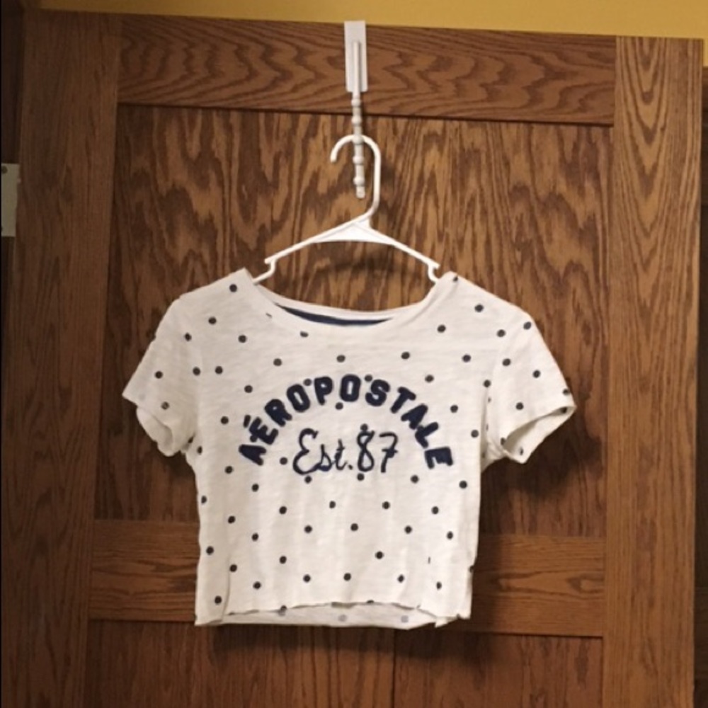 Navy blue polkadot white crop top